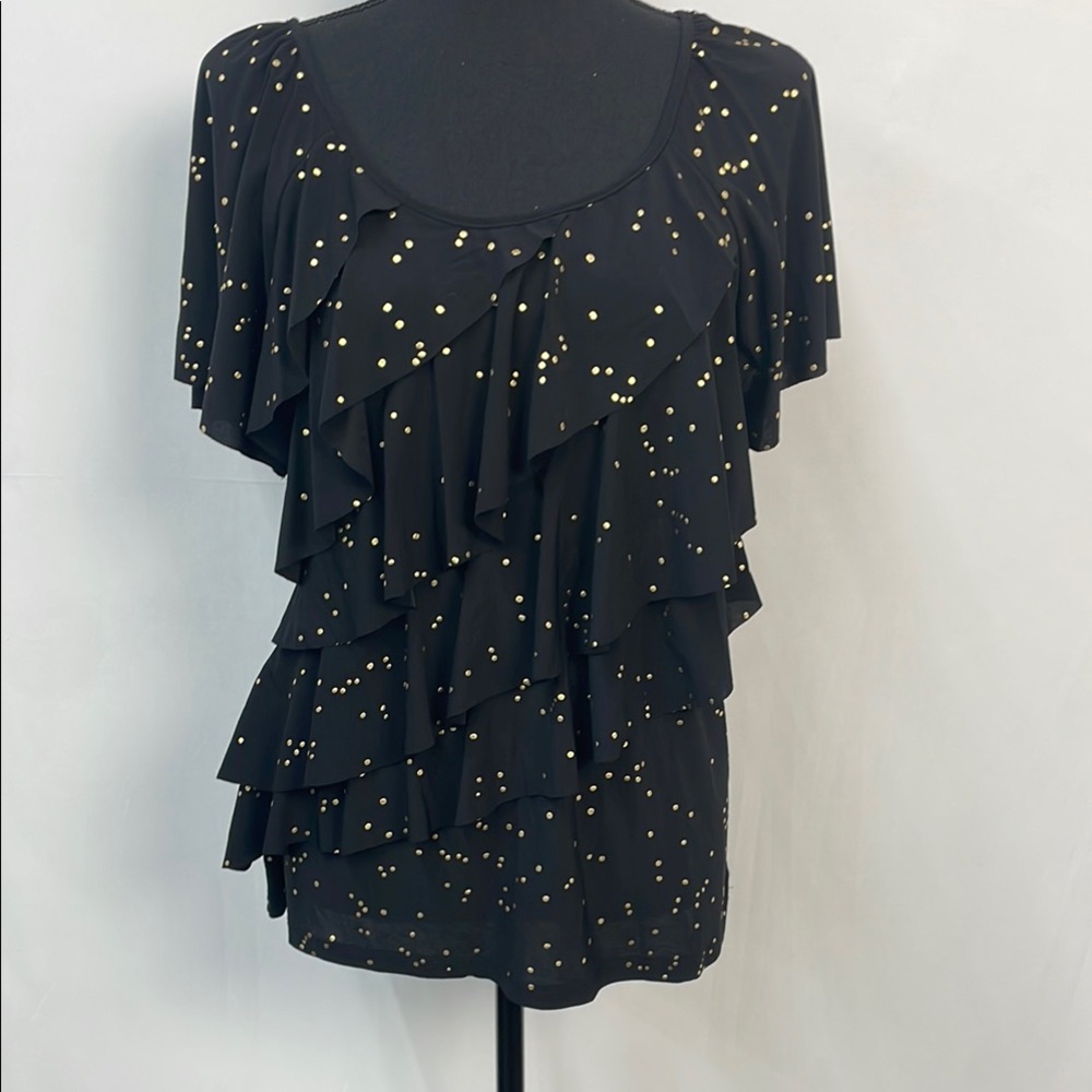 Elementz Black and Gold Ruffle Top, short sleeved, size XL